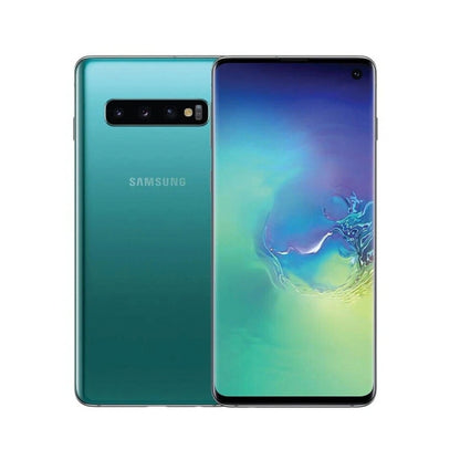 Samsung Galaxy S10 smartphone shown from the back and front on a plain white background. The phone has a teal-to-green gradient finish on the back, a vertical rear camera bar, and a front-facing punch-hole display with a colorful abstract wallpaper.