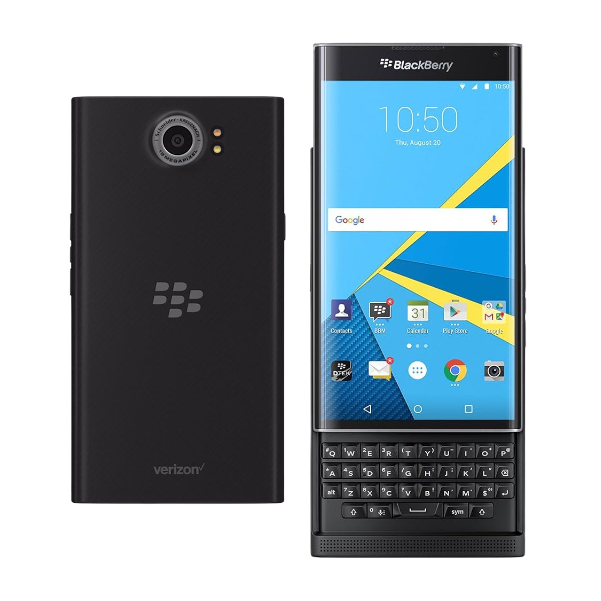 BlackBerry Priv smartphone shown from the front and back. The left view shows the black textured back with a camera lens, flash, BlackBerry logo, and Verizon branding.