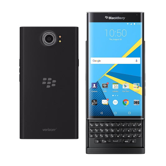 BlackBerry Priv smartphone shown from the front and back. The left view shows the black textured back with a camera lens, flash, BlackBerry logo, and Verizon branding.