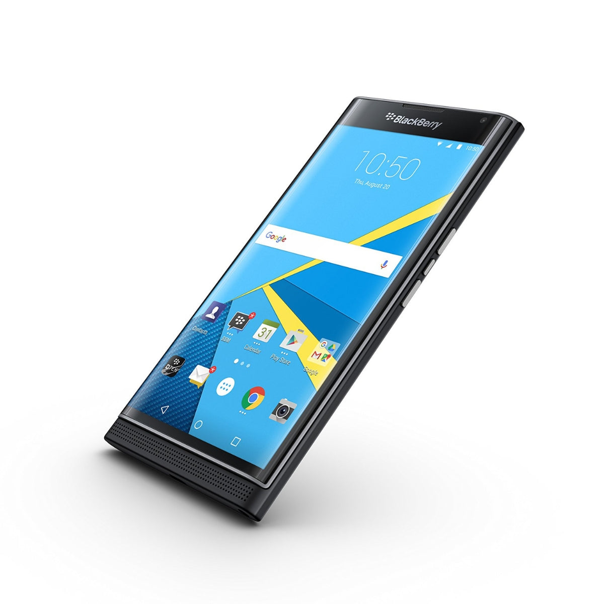 Blackberry PRIV smartphone with a black bezel and a colorful blue and yellow home screen, shown at an angle on a white background.