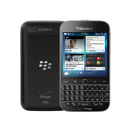 BlackBerry Classic 4G smartphone shown from the front and back. The front displays the BlackBerry logo, a physical QWERTY keyboard, and a lit screen showing the BlackBerry OS interface.