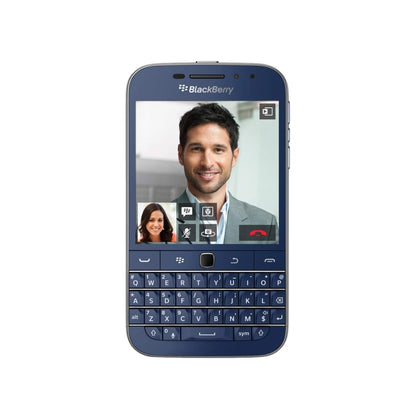 A blackberry smartphone with a dark blue bezel and silver-gray body, featuring a physical QWERTY keyboard and a screen displaying a video call interface, isolated on a white background.