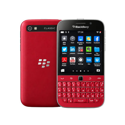 BlackBerry Classic smartphone shown from the front and back in metallic red. The front displays the BlackBerry logo, a black screen with colorful app icons, and a red physical keyboard.