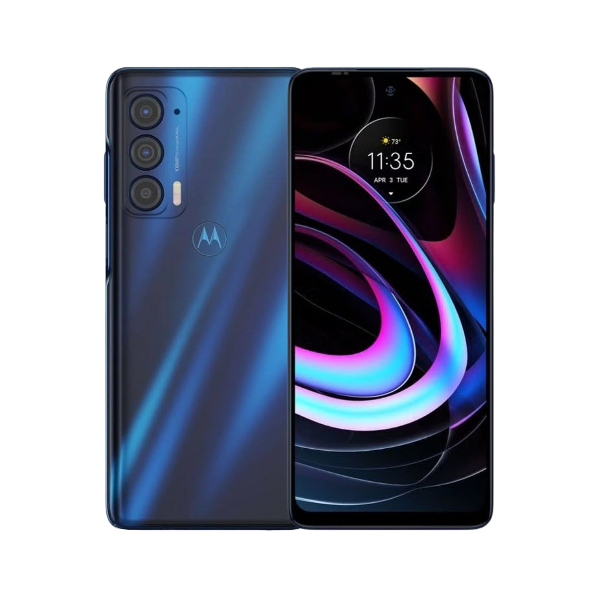 A Motorola Edge (2021) smartphone shown from the back and front on a plain white background. The back panel is dark blue with a subtle gradient and the Motorola logo is visible near the bottom.