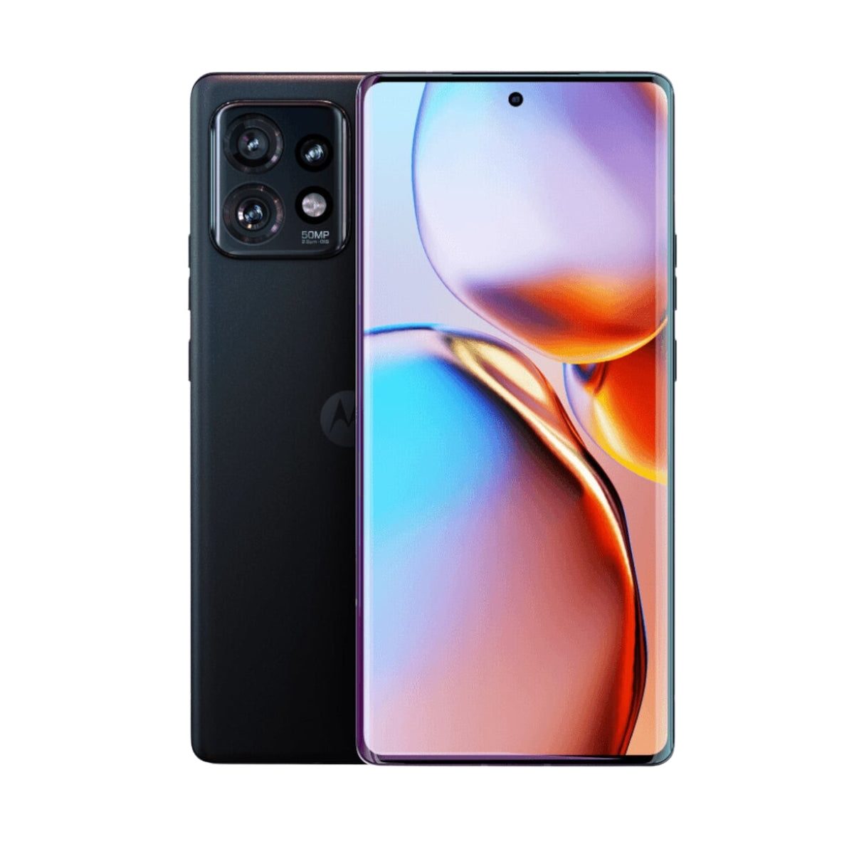 A black Motorola Edge Plus 2023 smartphone shown from the back and front against a plain white background. The front display is on and shows a colorful abstract wallpaper, while the back is matte black with a large multi-camera module and a visible Motorola logo.