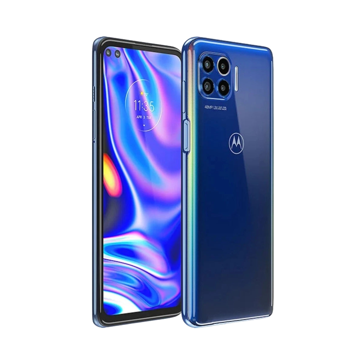 A blue Motorola One 5G UW smartphone shown from the front and back on a plain white background. The front displays a colorful abstract wallpaper, and the back features a glossy blue finish with a triple-camera module and the Motorola logo.