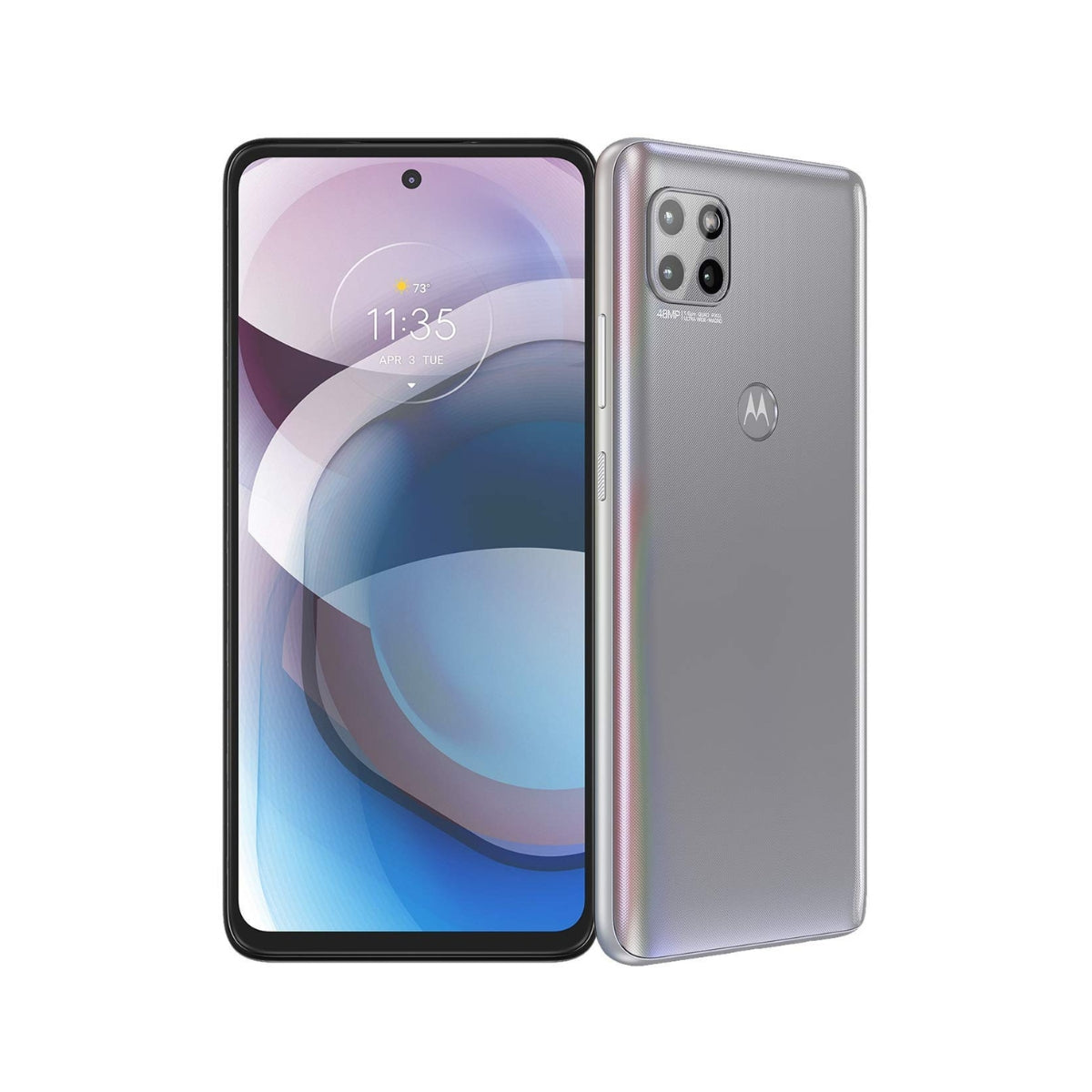 Front and back views of a gray/silver Motorola One 5G ACE smartphone on a plain white background, showing the front screen with a black bezel and the metallic back with a triple-camera module.