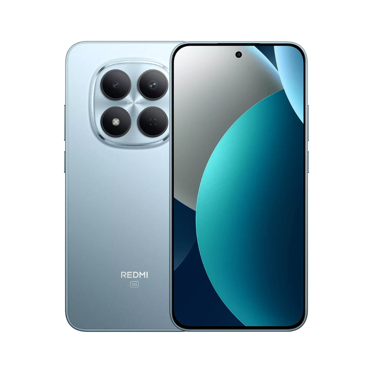 A Xiaomi Redmi 15 Pro smartphone shown from the back and front, featuring a metallic light blue finish, a large square camera array on the back, and a bezel-less screen display on the front.