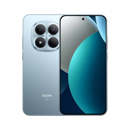 A Xiaomi Redmi 15 Pro smartphone shown from the back and front, featuring a metallic light blue finish, a large square camera array on the back, and a bezel-less screen display on the front.