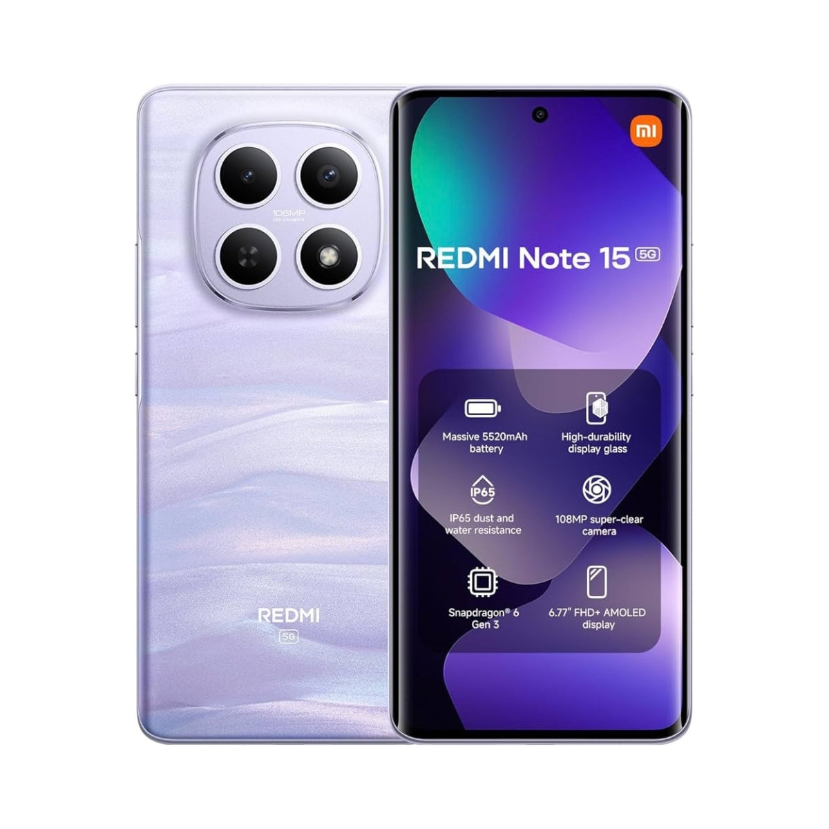 Redmi Note 15 5G smartphone shown from the back and front on a white background. The back features a lavender-purple marbled finish with a large square camera array, and the front display is on with the MIUI and REDMI logos visible.
