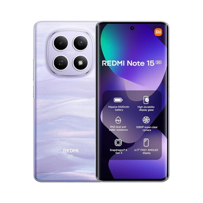 Redmi Note 15 5G smartphone shown from the back and front on a white background. The back features a lavender-purple marbled finish with a large square camera array, and the front display is on with the MIUI and REDMI logos visible.