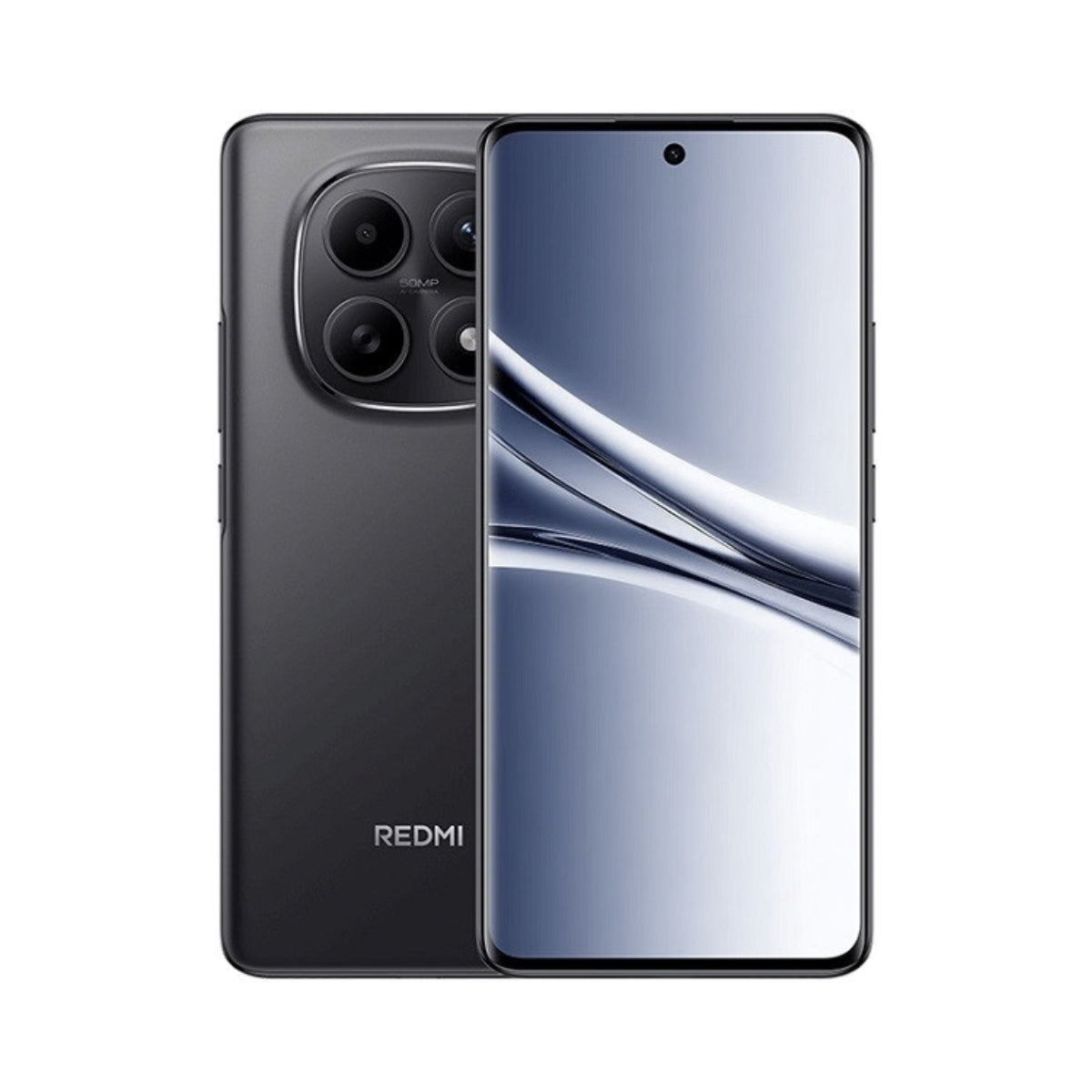 Redmi smartphone shown from the front and back, featuring a dark gray textured back panel with a large multi-camera cutout and the Redmi logo, alongside a front-facing view with a large screen and blue-gray wallpaper.