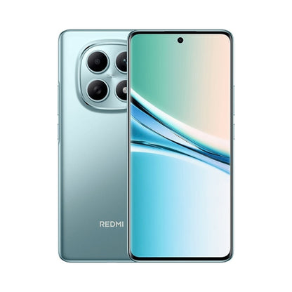 Redmi smartphone shown from the front and back, featuring a metallic light blue-green finish and a triple-camera system on the rear, with a large front-facing screen on the front view.