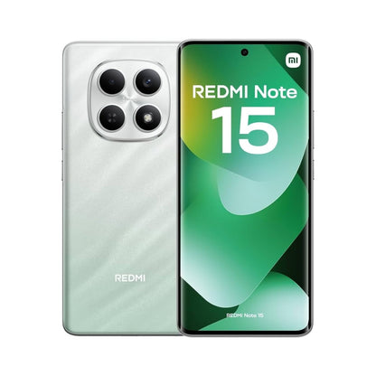 Redmi Note 15 smartphone shown from the back and front on a white background. The back is a pale mint green with a textured finish and a large square camera array.