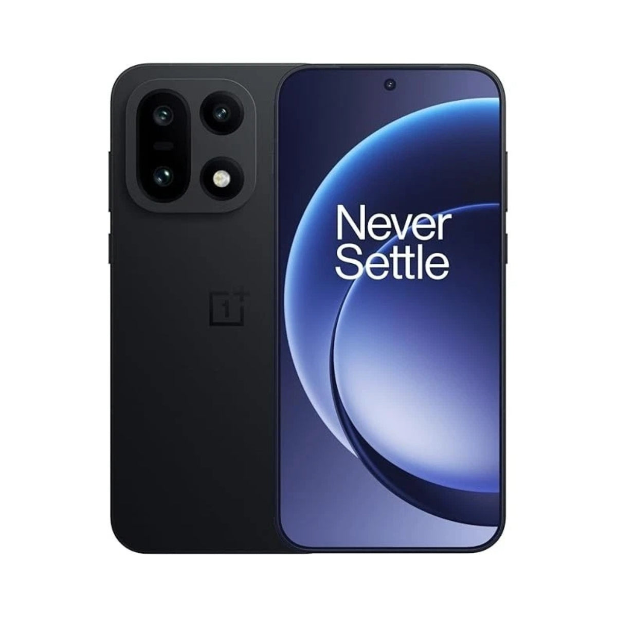 A black OnePlus 15 smartphone shown from the back and front, with the front screen on and displaying the OnePlus 'Never Settle' slogan over a blue abstract wallpaper. The OnePlus logo is visible on the back.