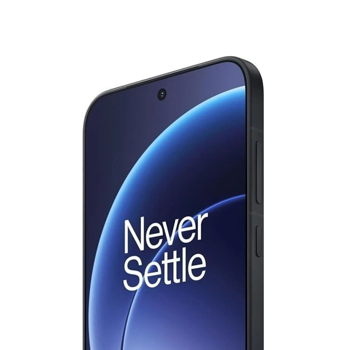 Close-up of an infinite black OnePlus 15 smartphone on a white background.