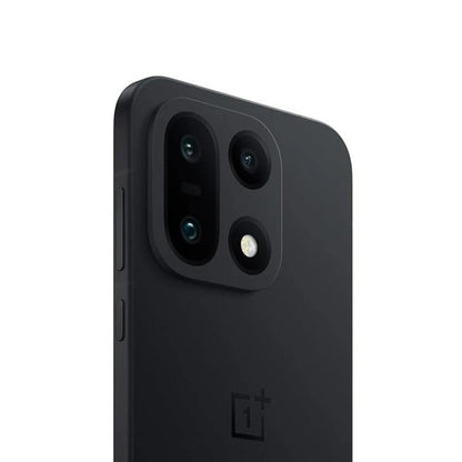 Close-up of the back of a black OnePlus smartphone showing a large multi-camera cutout and the embossed OnePlus logo on a white background.