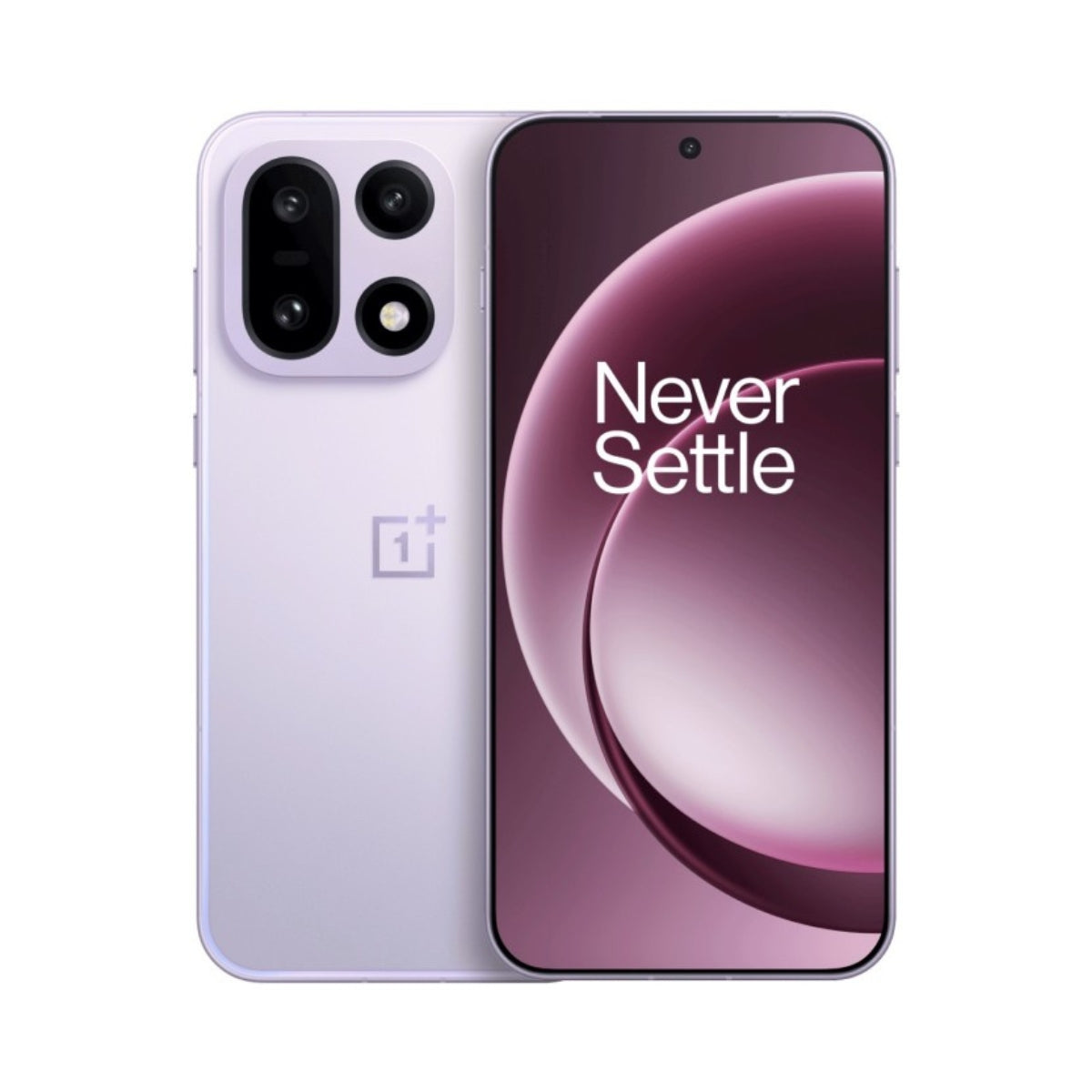 A light violet/lavender OnePlus 15 smartphone shown from both front and back, with the OnePlus logo visible on the back and 'Never Settle' text on the screen, against a plain white background.