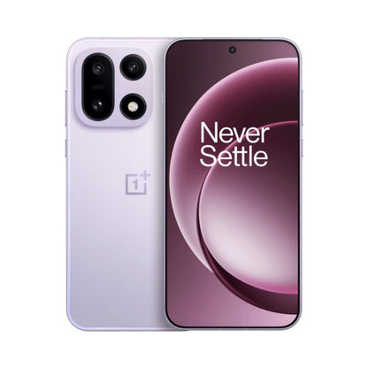 A light violet/lavender OnePlus 15 smartphone shown from both front and back, with the OnePlus logo visible on the back and 'Never Settle' text on the screen, against a plain white background.