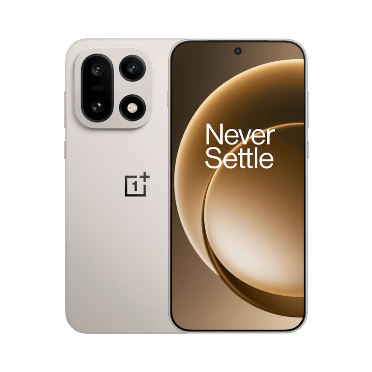 A sand storm OnePlus 15 smartphone shown from the back and front on a clean white background. The back is a warm light beige/champagne colour with a large rectangular camera cutout and the OnePlus logo.