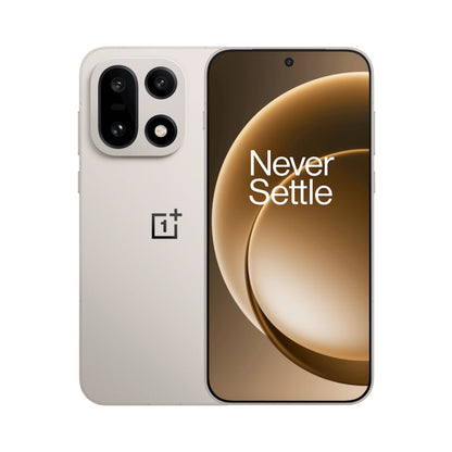 A sand storm OnePlus 15 smartphone shown from the back and front on a clean white background. The back is a warm light beige/champagne colour with a large rectangular camera cutout and the OnePlus logo.