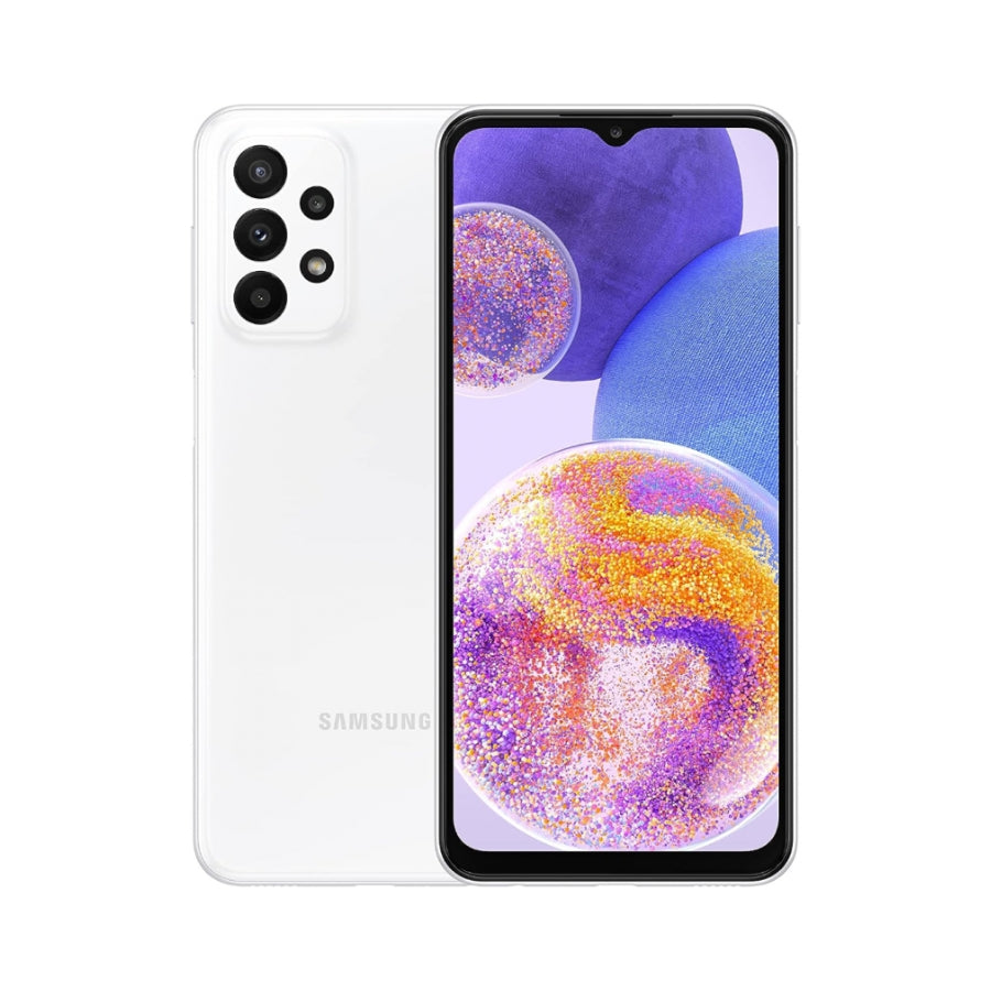 Samsung smartphone showing front and back on a white background