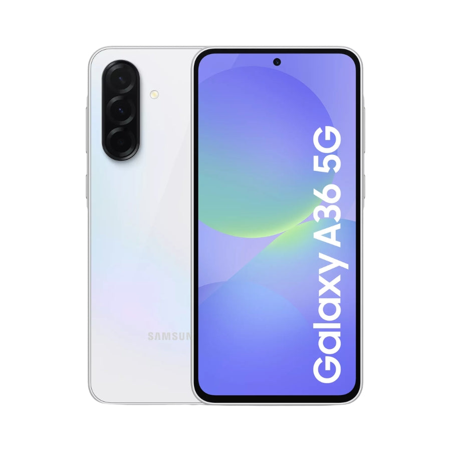Samsung Galaxy A36 5G smartphone showing front and back on a white background