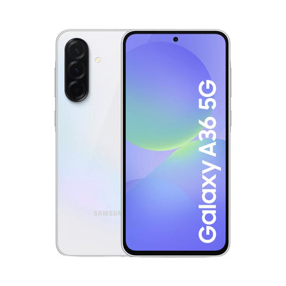 Samsung Galaxy A36 5G smartphone showing front and back on a white background