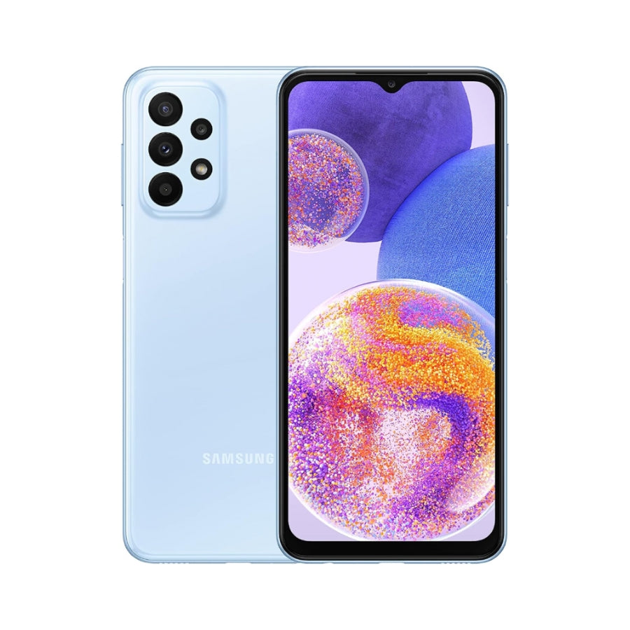 Samsung smartphone showing front and back on a white background