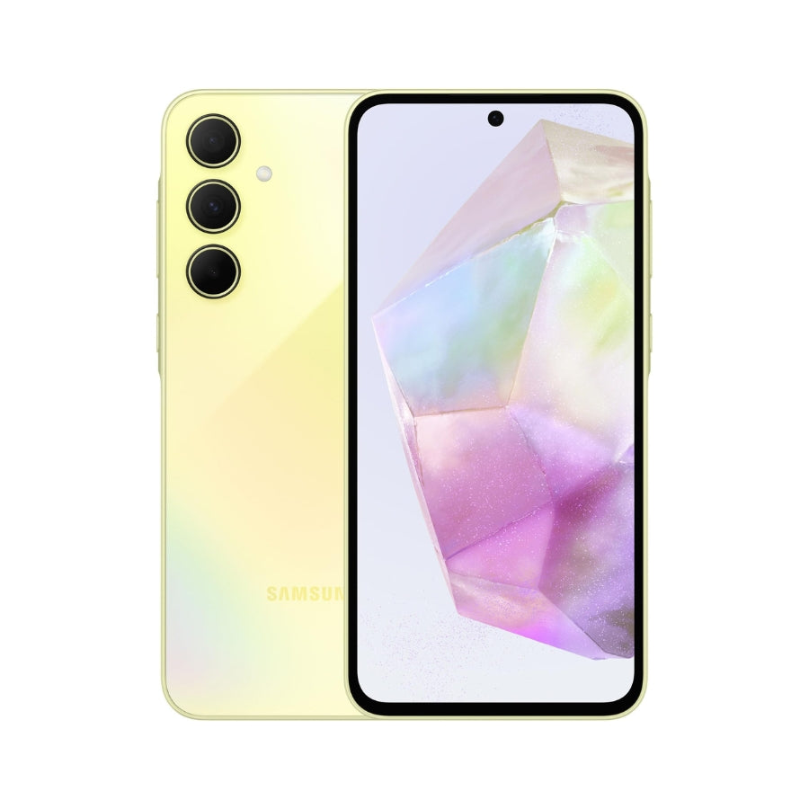 Samsung Galaxy A35 smartphone showing front and back on a white background