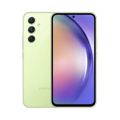 Samsung Galaxy A54 5G smartphone showing front and back on a white background lemon