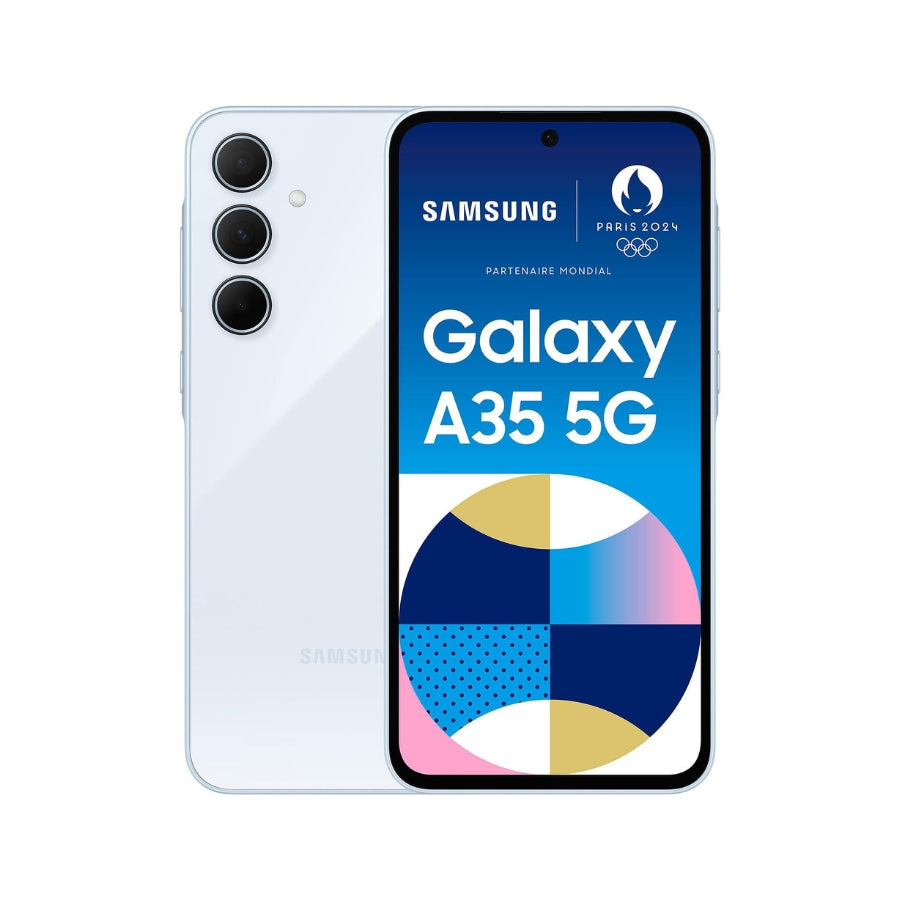 Samsung Galaxy A35 5G phone showing front and back on a white background