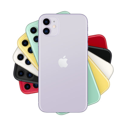 Stack of colourful smartphones with Apple logo on a white background Apple iPhone 11 purple