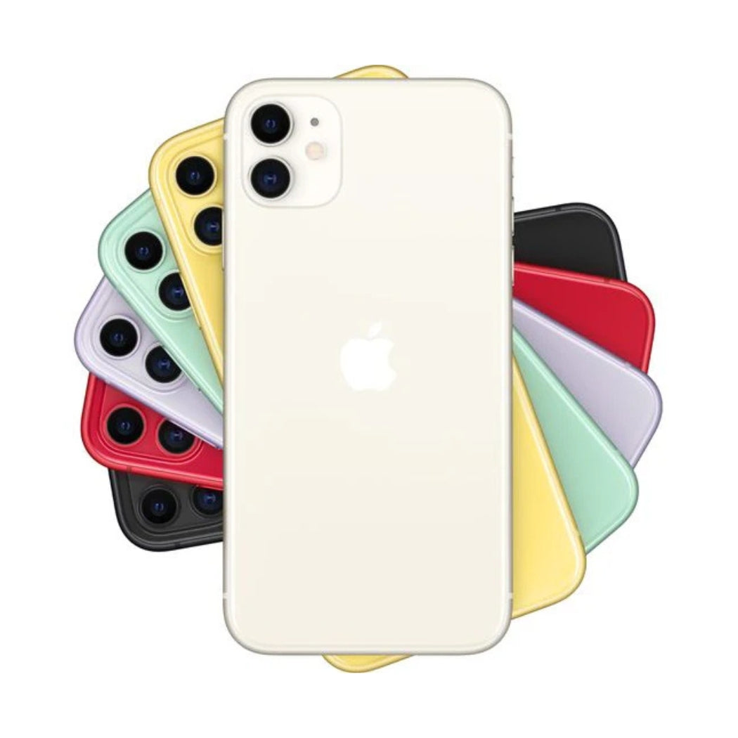 Stack of smartphones in various colours on a white background Apple iPhone 11 silver