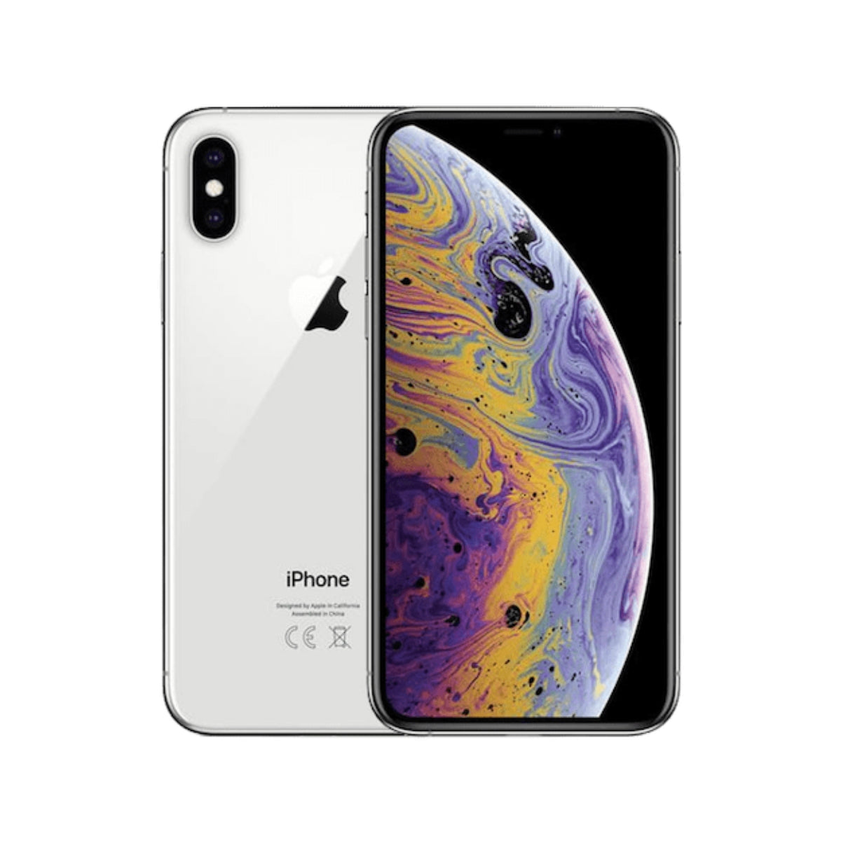 Two views of an iPhone X Max with a colorful display on a white background