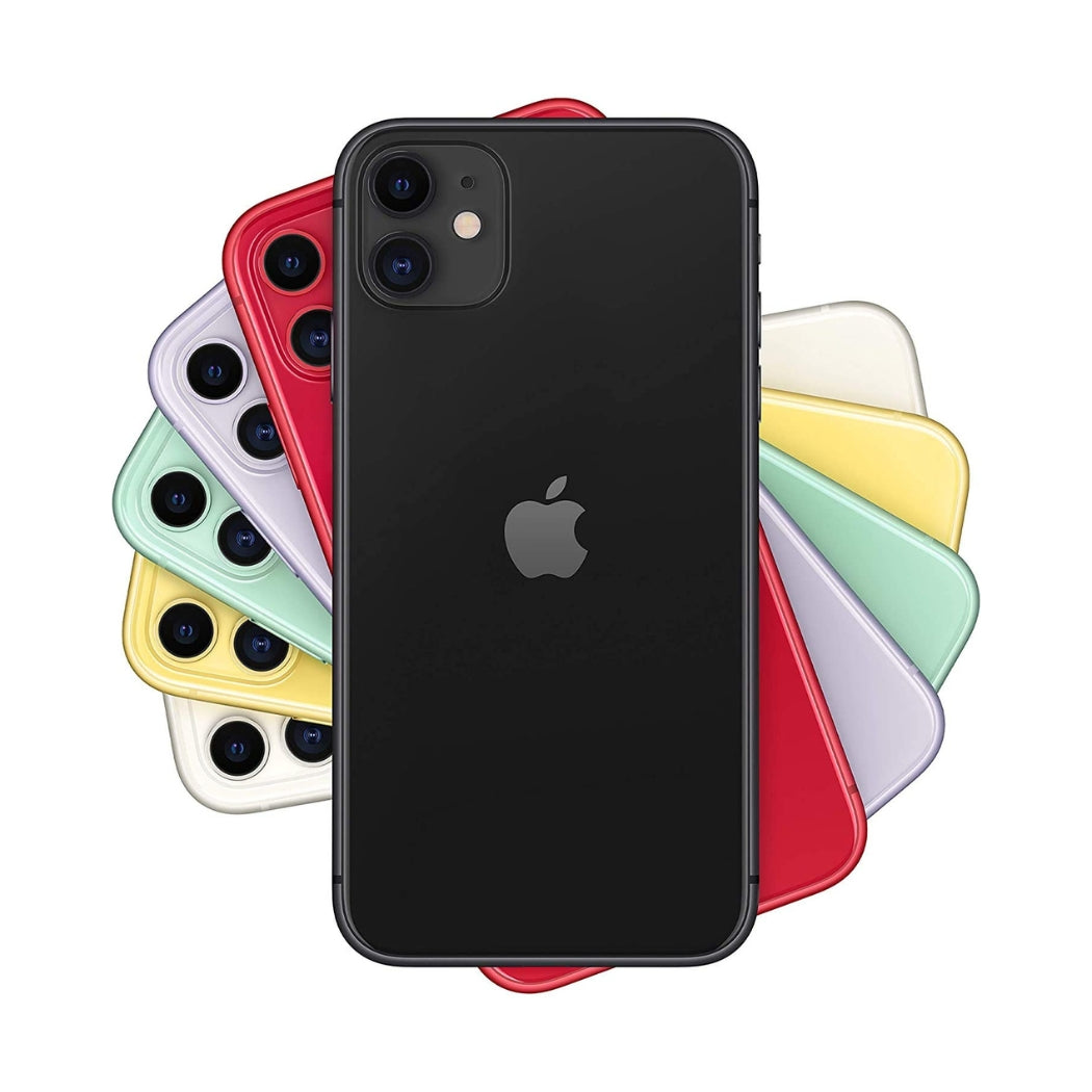 Black Apple iPhone 11 red smartphone with colourful gradient cases on a white background
