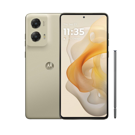 Motorola G Stylus 2024 caramel latte smartphone with stylus on a white background