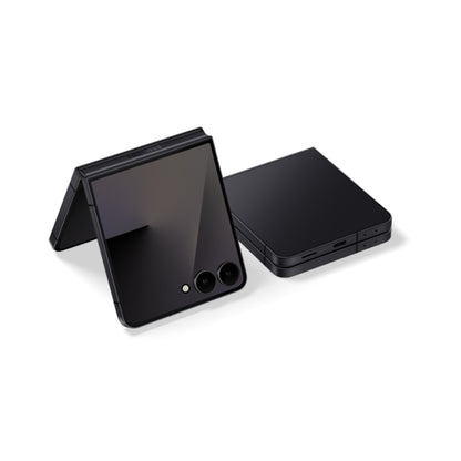 Black Samsung Galaxy Z Flip 7 with a screen and compact form factor on a white background