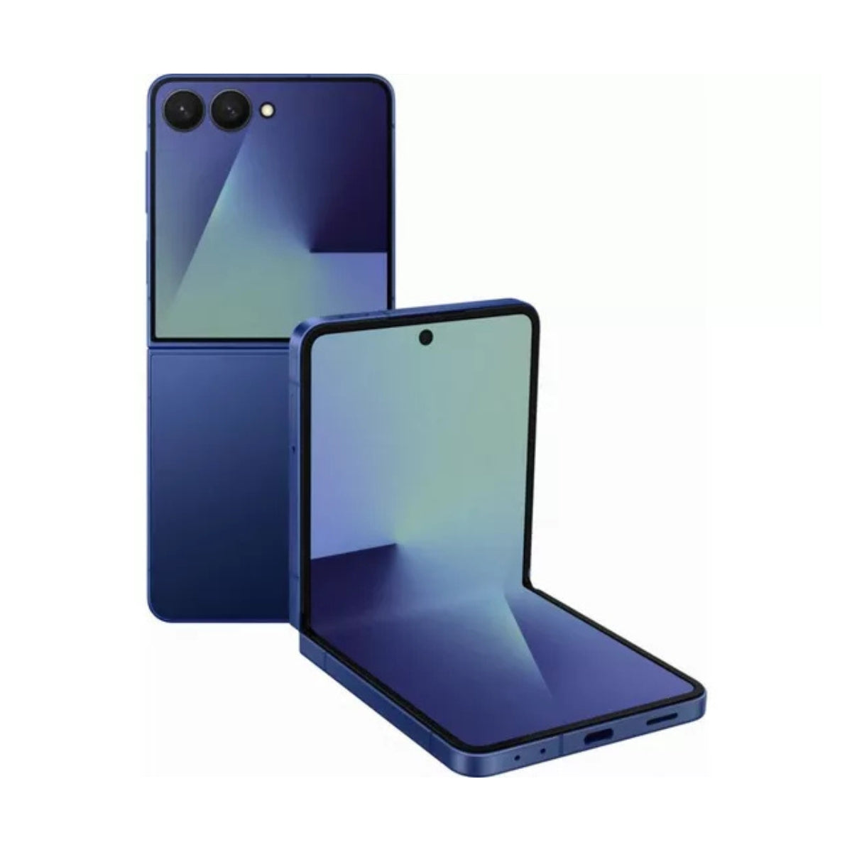 Blue smartphone Samsung Galaxy Z Flip 7 with reflective surface on a white background