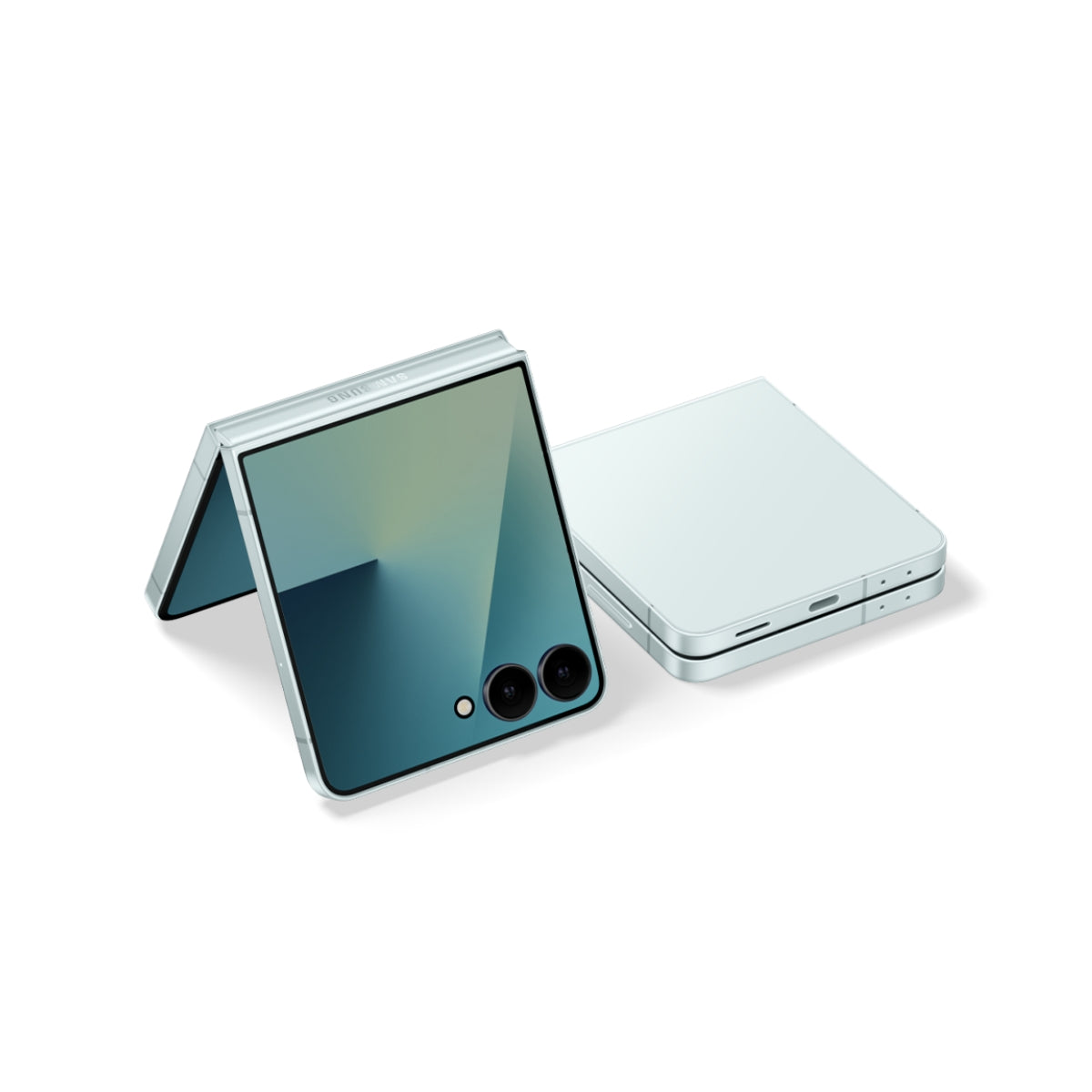 Foldable Samsung Galaxy Z Flip 7 smartphone with a white case on a white background