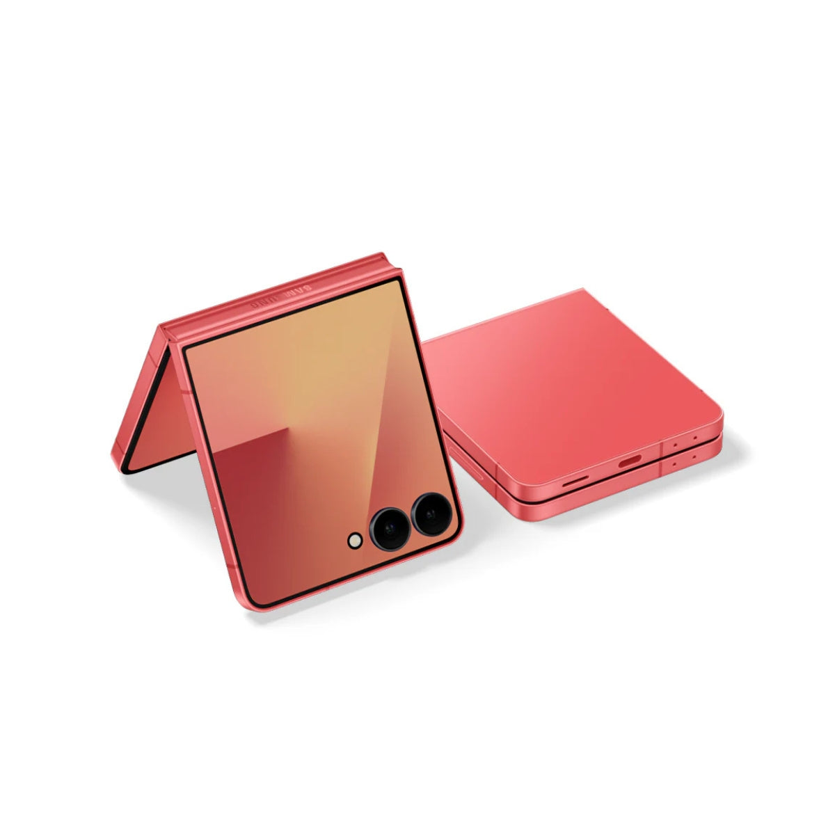 Red Samsung Galaxy Z Flip 7 with reflective screen on a white background