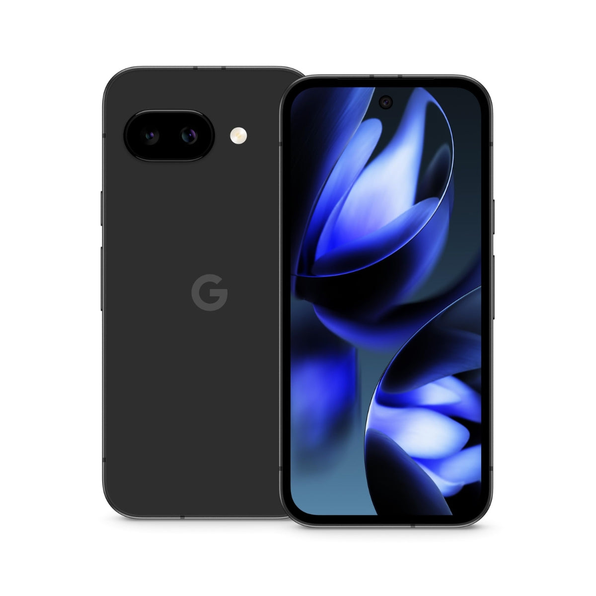 Black Google Pixel 9A smartphone, showing front screen with blue abstract design.