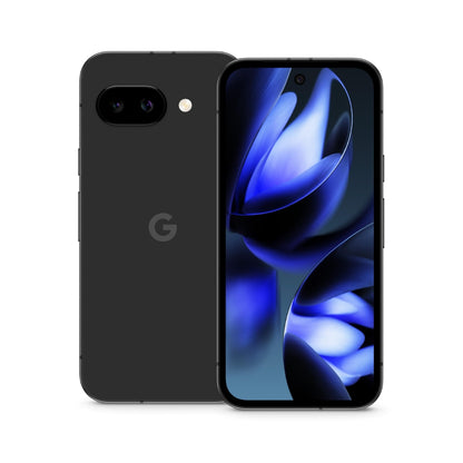 Black Google Pixel 9A smartphone, showing front screen with blue abstract design.