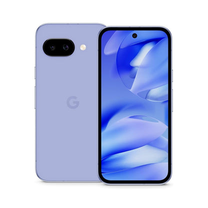Iris Google Pixel 9A Smartphone with a light purple back and blue screen on a white background