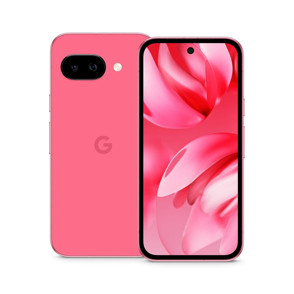 Peony Google Pixel 9A smartphone showing front and back on a white background