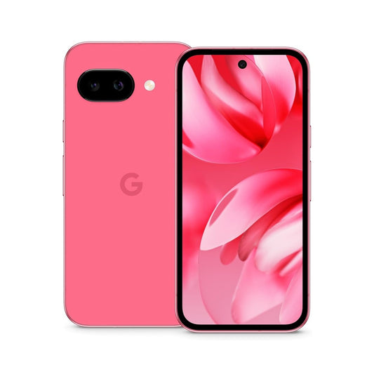 Peony Google Pixel 9A smartphone showing front and back on a white background