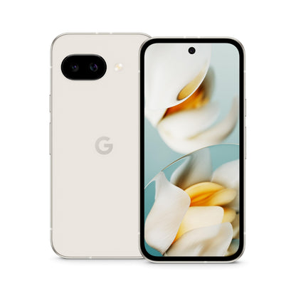 Google Pixel 9A with floral design on screen and Google logo on back