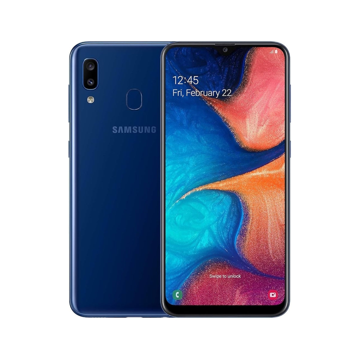 Samsung Galaxy A20e smartphone showing front and back on a white background
