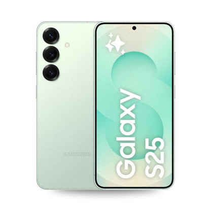 Samsung Galaxy S25 smartphone in mint showing front and back on a white background