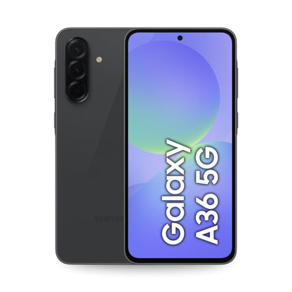 Samsung Galaxy A36 5G smartphone showing back and front views on a white background